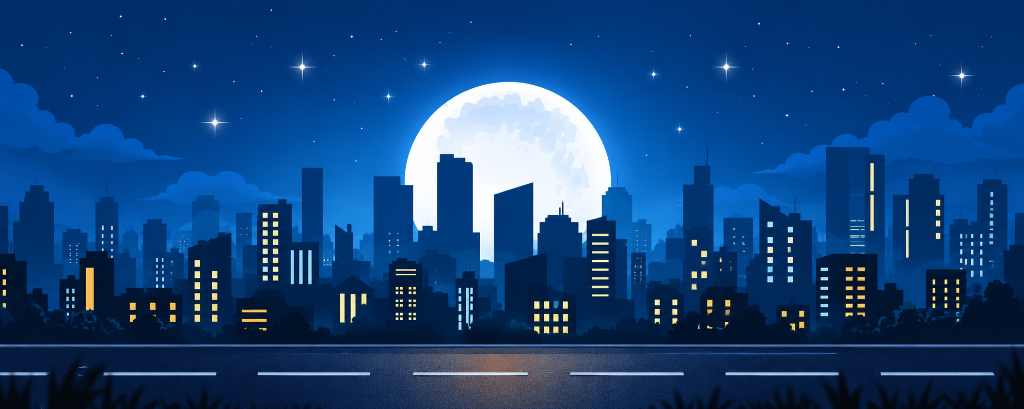 Night City Skyline & Moon - Bharat Relocators
